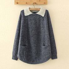 Load image into Gallery viewer, 2019 Winter Women Long Sleeve Casual Lapel Neck Patchwork Sweater Pullover Ladies Loose Jumper Femme Pull Knitted Top Plus Size