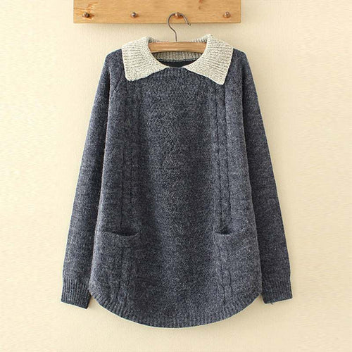 2019 Winter Women Long Sleeve Casual Lapel Neck Patchwork Sweater Pullover Ladies Loose Jumper Femme Pull Knitted Top Plus Size