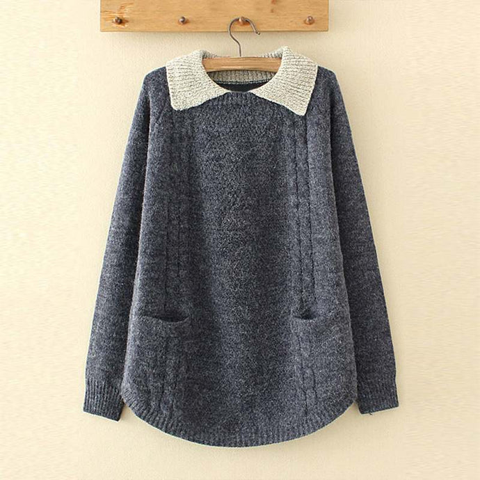2019 Winter Women Long Sleeve Casual Lapel Neck Patchwork Sweater Pullover Ladies Loose Jumper Femme Pull Knitted Top Plus Size
