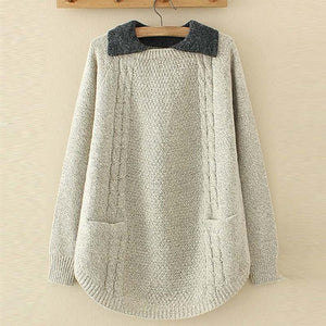 2019 Winter Women Long Sleeve Casual Lapel Neck Patchwork Sweater Pullover Ladies Loose Jumper Femme Pull Knitted Top Plus Size