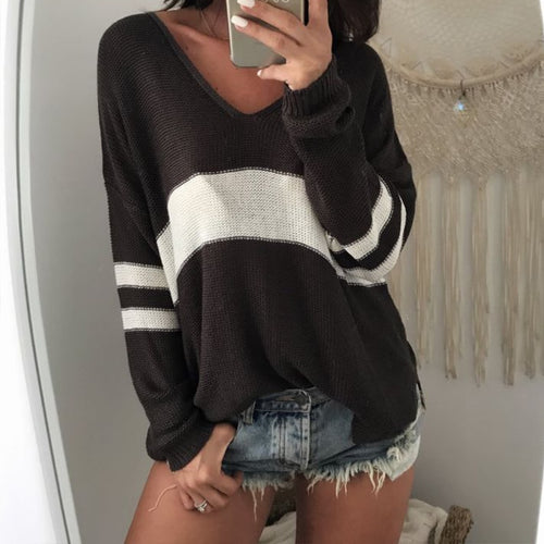 2019 Women Autumn V Neck Long Sleeve Sweater Female Causal Striped Pullover Knitwear Shirt Oversized Knitted Jumpers Pull Femme