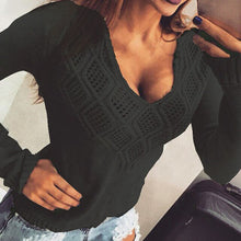 Load image into Gallery viewer, Women Sexy V Neck Pullover Sweaters 2019 Autumn Long Sleeve Tops Female Hollow Knitted Sweater Winter Pulovers Casual Jumper
