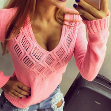 Load image into Gallery viewer, Women Sexy V Neck Pullover Sweaters 2019 Autumn Long Sleeve Tops Female Hollow Knitted Sweater Winter Pulovers Casual Jumper